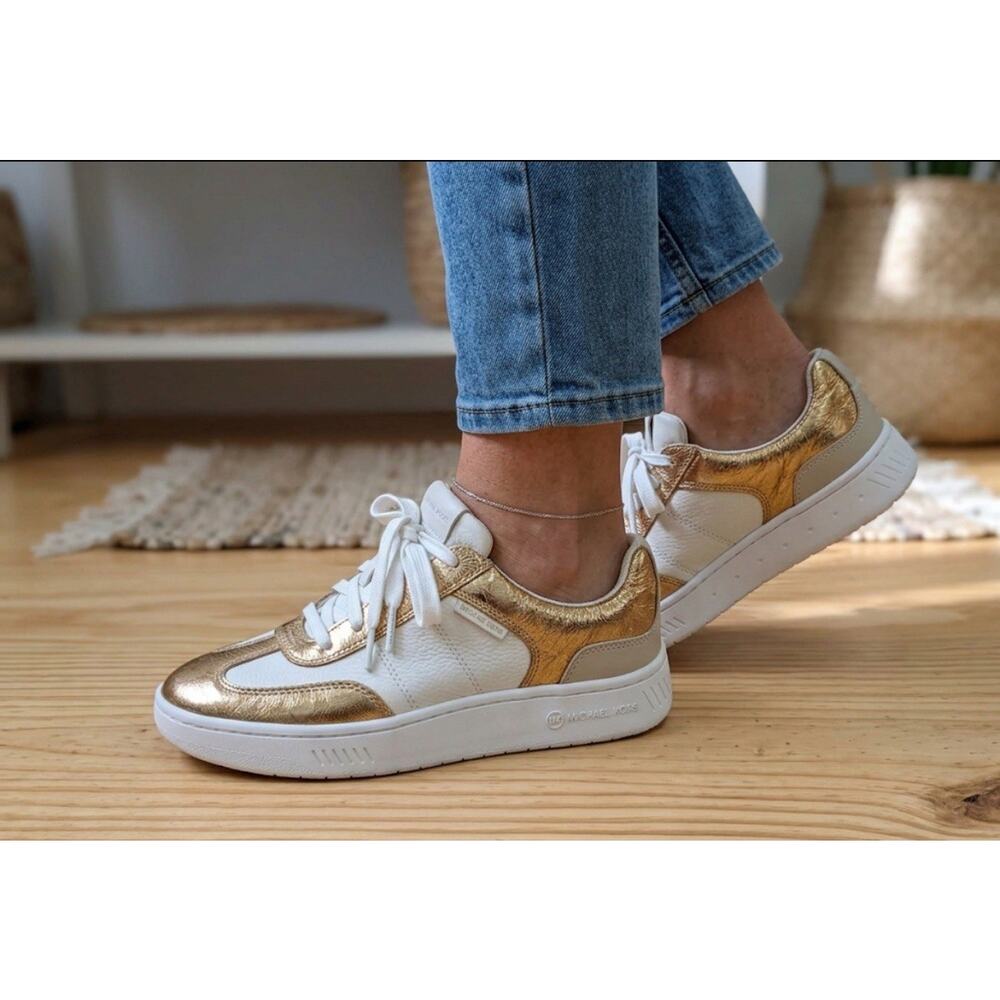 Michael Kors Women's Gold White Leather Sneakers Shoes Size 8.5 M LS24F Low Top